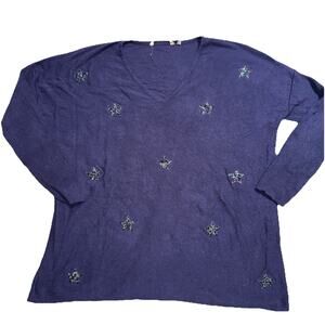 Soft Surroundings Embellished Star Blue V Neck Sweater Womens Size L 4th July